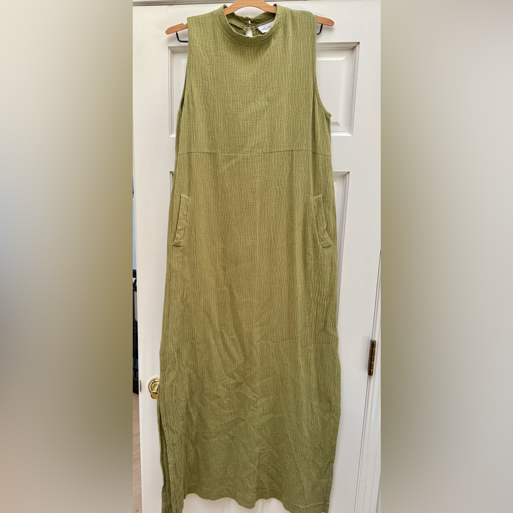 Maurie + Eve Textured Organic Cotton Olive Green Sleeveless Maxi Dress W Pockets